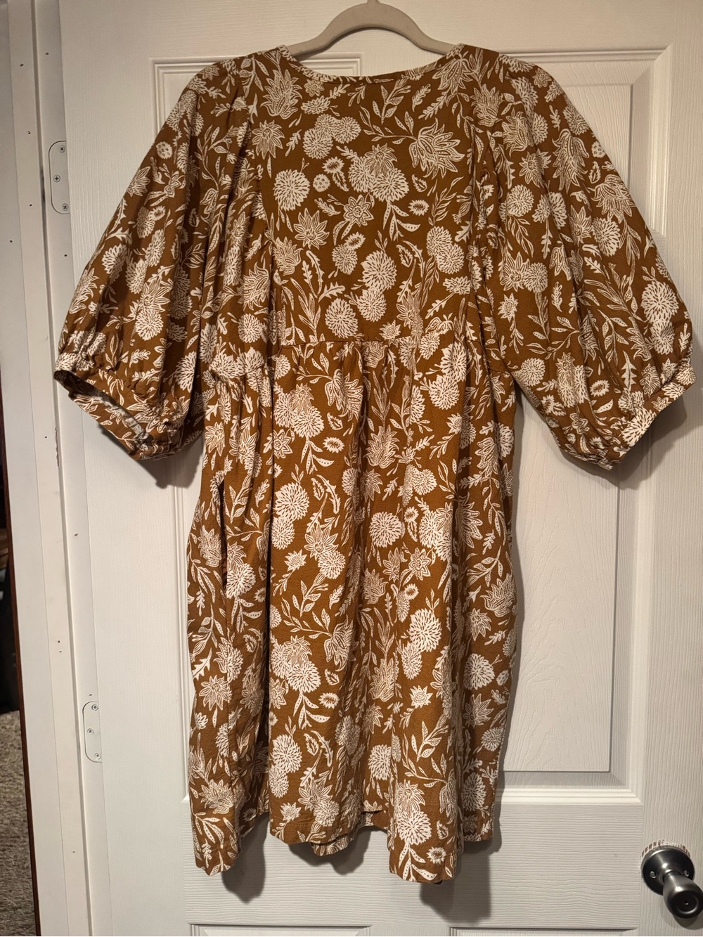 Universal Thread Sz XL Raw Umber Brown Floral Puff-Sleeve Cotton Mini Dress - Picture 7 of 13